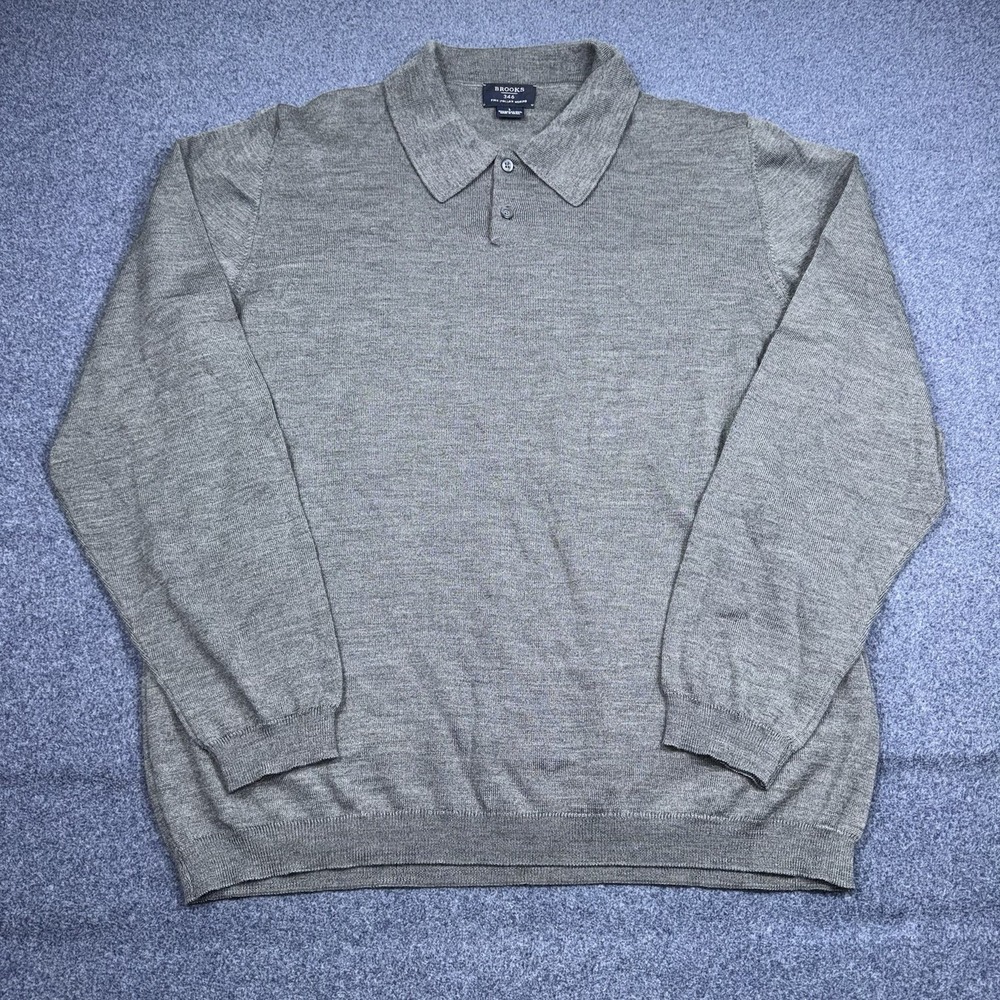 Brooks Sweater Mens Large Gray Italian Merino Wool Collared Knit Pullover 346